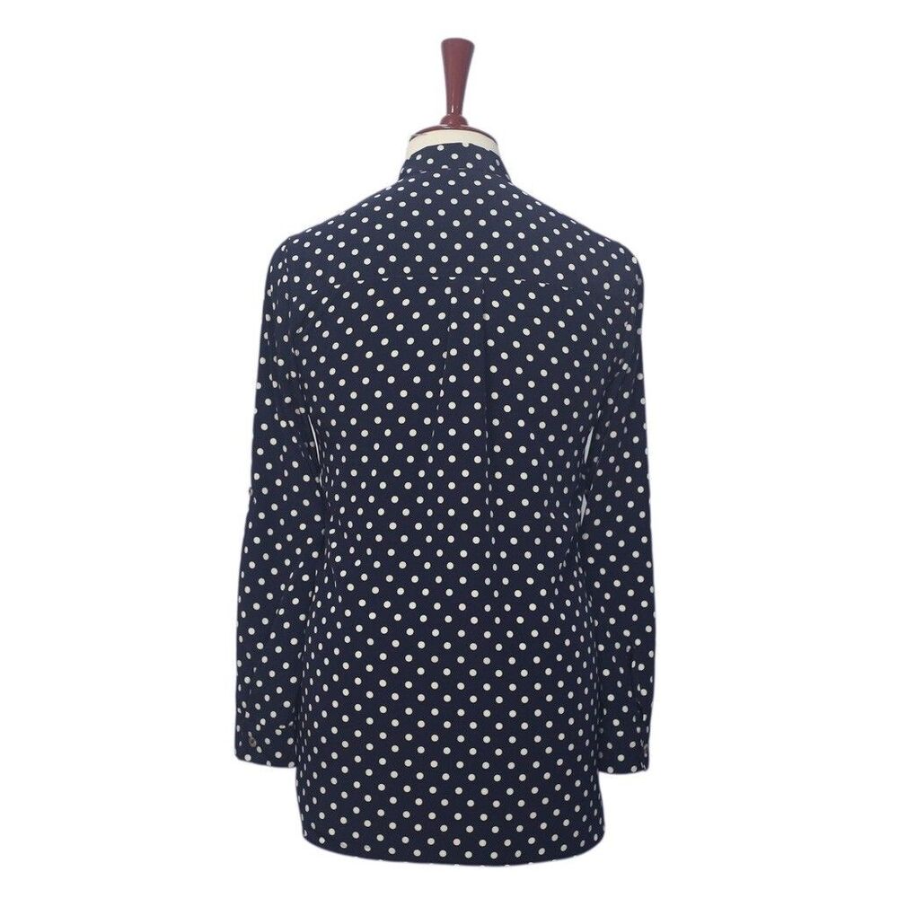 Womens Silky Satin Shirt Blue Polka Dot Blouse Button Up Dressy Top Medium Work - Picture 2 of 7